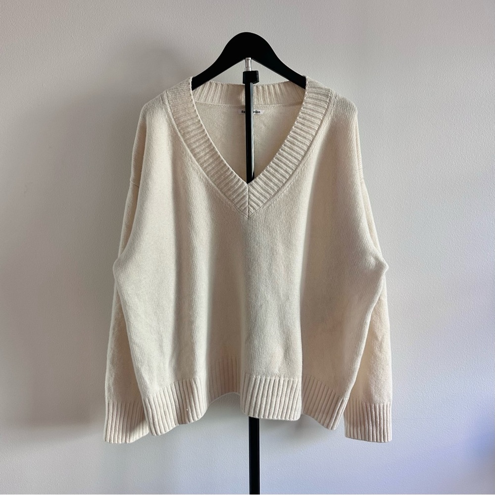 Reformation Jadey Cream/Off-White Oversized Cashmere V-Neck Sweater Size XL